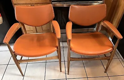 Pair Mid Century Modern Thonet Teak Lounge Chairs Arm Chairs Orange Vinyl • $225