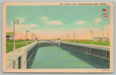 Moore Haven Florida~Ortona Lock Closed On Caloosahatchee River~1938 Linen • $4