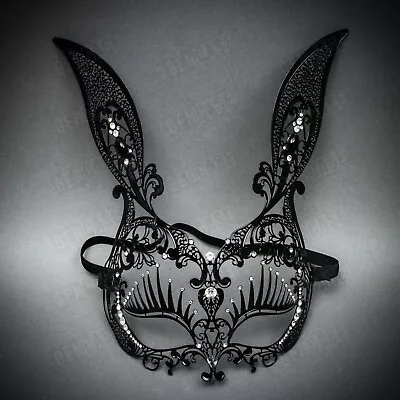 Black Sexy Bunny Rabbit Metal Laser Cut Rhinestones Masquerade Women Party Mask • $27.90