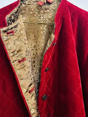 LOOK EAST Size Large Red Velvet Jacket Gold Floral Lining Asian Mandarin Collar • $45