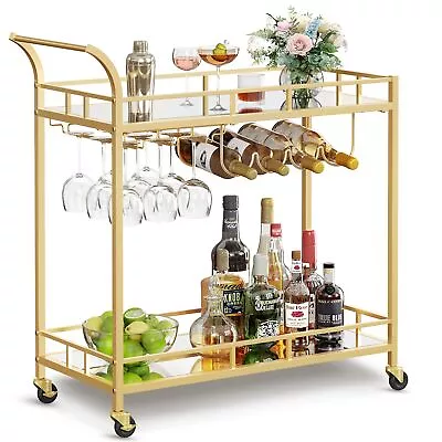 Bar Cart Gold Home Bar Serving Cart Wine Cart With 2 Mirrored Shelves Wine... • $130.88