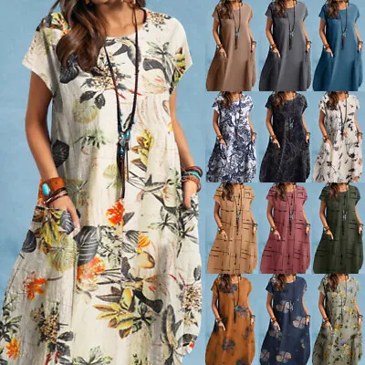 ZANZEA Womens Summer Floral Printed Short Sleeve Holiday Casual Loose Mini Dress • $27.49