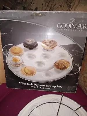 Godinger 2 Tier Multi Purpose 11 Cupcake Chrome Stand Porcelain Serving Tray • $10