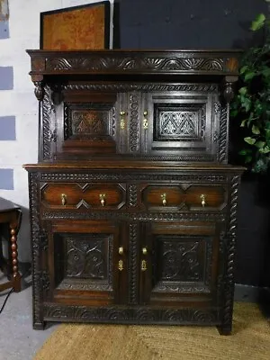 Fine Antique Carved Oak Dresser Side Cabinet Or Cupboard In The Jacobean Manner • £395