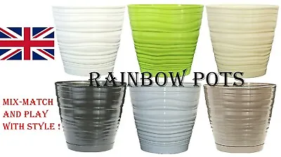 Plastic Plant Pots Flower Pots Gloss Decor Planter + Saucer - WAVE SET 1 - 3 - 5 • £1.59