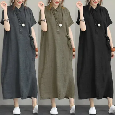 Womens Short Sleeve Casual Button Front Holiday Oversized Long Maxi Shirt Dress • $33.89