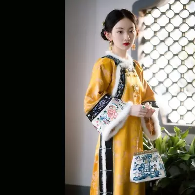 Retro Chinese Gown Palace  Qing Dynasty Embroidered Fur Lapel Cotton Cheongsam • $104.23