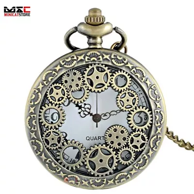 Antique Bronze Skeleton Gear Steampunk Vintage Quartz Pocket Watch Necklace Gift • $4.98