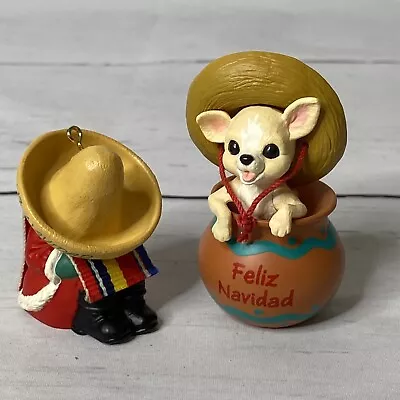 1994 Hallmark Ornament FELIZ NAVIDAD Chihuahua Dog Sombrero 2.75  & 1991 Santa • $14.99