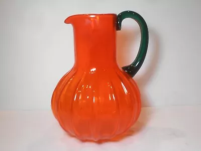 Vintage Orange Glass Pumpkin Shaped Pitcher Jug Green Handle 9 In • $74.95