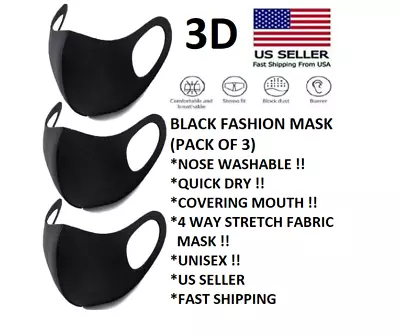 (3 Pack) Reusable Face Mask Black Fashion Washable Masks Unisex/ Ship From USA • $5.99