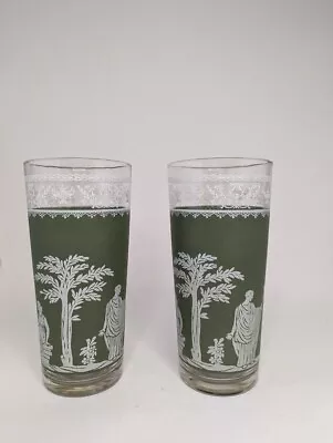 2 Vintage Wedgewood Green Jasperware Jeanette Hellenic 12 OZ. Tumbler Glasses • $10