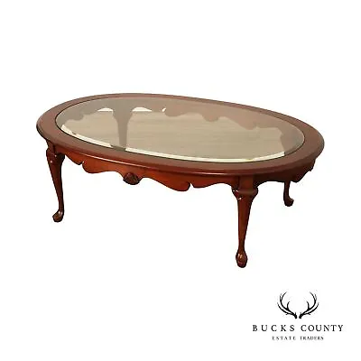 Queen Anne Style Carved Cherry Oval Glass Top Coffee Table • $595