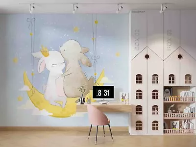 3D Rabbit Moon Star Swing Self-adhesive Removeable Wallpaper Wall Mural1 3664 • $179.99