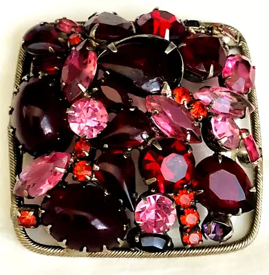 Vtg. Red Cabachon & Pink Rhinestone Large Square Brooch From The 1960s • $75