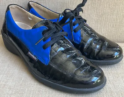 RARE Mephisto Mobils Shoes Black & Blue Leather Croc Patent Lace Up EU 5.5 US 8 • $79.95