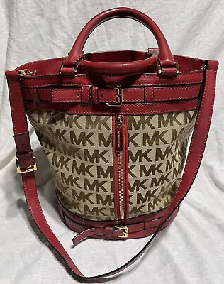 Michael Kors Ludlow Large Signature Monogram Beige Brown Red Shoulder Bag • $120