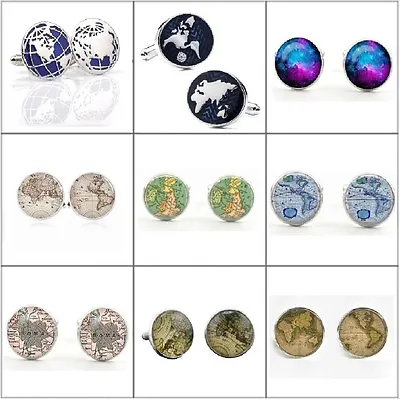 Mens Pair Of Old World Map Cufflinks Silver Plated Vintage Atlas Earth Retro UK • £3.49