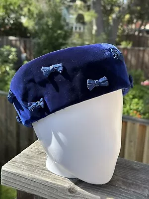 Vintage City Of Paris S. F. Blue Velvet Pillbox Hat With Blue Bows • $34.97