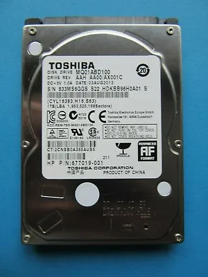 Toshiba 1TB SATA 2.5  HDD MQ01ABD100 AAH AA00/ AX001C 2013 China 677019-001 • £41.37