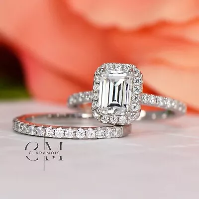 Moissanite Bridal Set Engagement Ring 2.50 CT Emerald Cut Solid 14K White Gold • $215