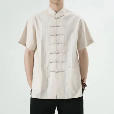 Mens Linen Short Sleeve Shirt Top Mandarin Collar Chinese Frog Button T-Shirt • $32.06