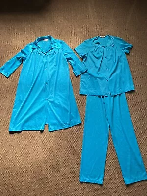 Vanity Fair Sz S 3 Piece Pajama Set W/Robe Turquoise Long Pants Made In The USA • $14.95