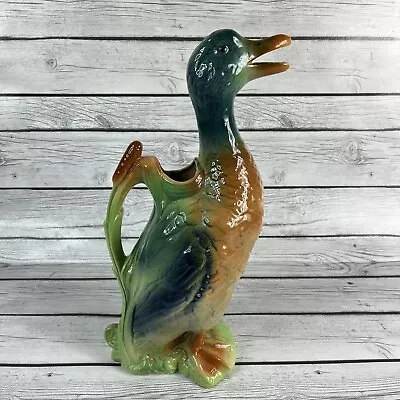 Antique French Saint Clement Majolica Mallard Duck Tall Pitcher Beautiful 1900s • $275.95