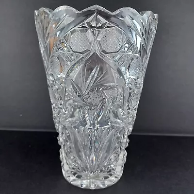 Lead Cut Crystal Heavy Vase 8.25  Tall 8 Point Star Pinwheel Scalloped Rim • $17.99