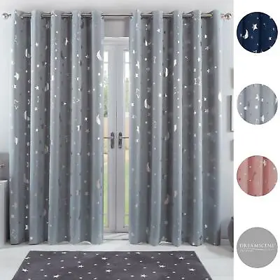 Dreamscene Star Thermal Blackout Curtains PAIR Eyelet Ready Made Kids Boys Girls • £22.99