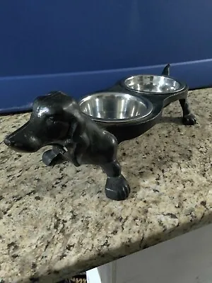 Cast Iron Dachshund Dog Food & Water Bowl Holder - Vintage Wiener Dish Feeder • $95