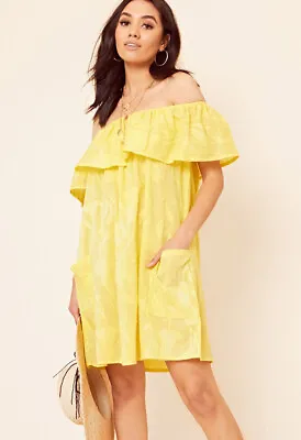 Womens Yellow Textured Cotton Bardot Frill Layered Mini Casual Day Summer Dress • £14.99