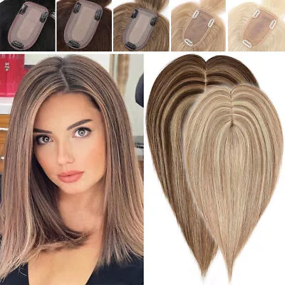 100% Human Hair Topper Silk Base Top Wig Real Remy Hair Clip In Toupee Hairpiece • £74.87