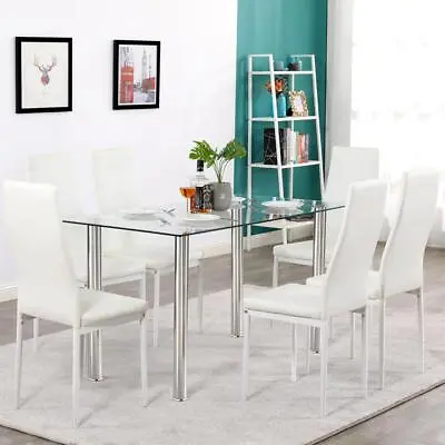 7 Piece Dining Set Kitchen Room Table Set Glass Dining Table And 6 Leather Chair • $229.79