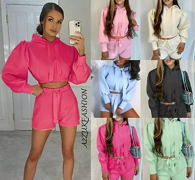 New Women's Cropped Ribbon Hooded Puff Sleeve Top & Short Co Ord 2 Piece Set UK • £17.99