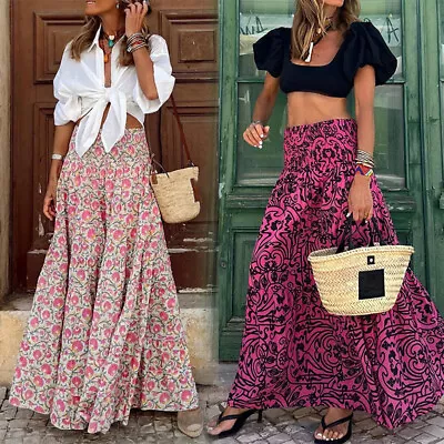 ❀Womens Boho Floral Long Maxi Skirt Ladies High Waist Beach Holiday Swing Dress • $13.64