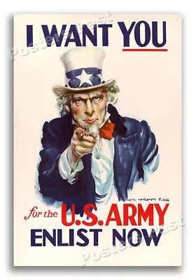 1940s “I Want You For The U.S. Army” WWII Uncle Sam War Poster 12x18 • $10.95