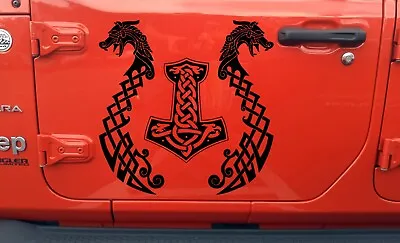 Viking Dragons With Mjolnir Vinyl Decal - Hammer Icelandic Norse Mythology • $19.99