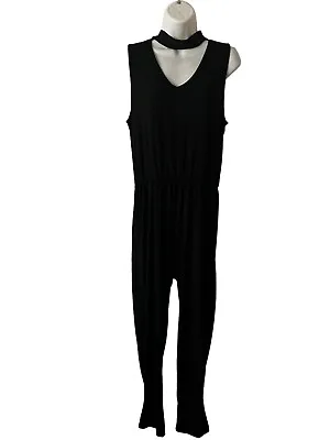 Ambiance Black Sleeveless Mock Neck Long Jumpsuit Size L Cat Suit • £22.56