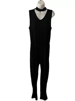 Ambiance Black Sleeveless Mock Neck Long Jumpsuit Size L Cat Suit • £14.62