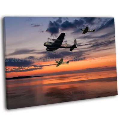 £29.99 • Buy Lancaster Bomber Spitfire & Hurricane At Sunset Picture Framed Canvas Art Print 