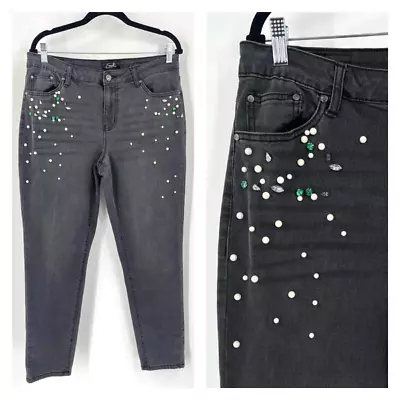 Earl Jeans Women's Beaded Embellished Skinny Ankle Jeans Black Denim Size 16 • £33.09