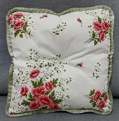 Vintage Hankie Cottage Pillow Red Pink Poppy White Green Handmade 12 X 12 Inch • $4.79