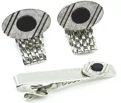 Dante Wrap Around Mesh Cufflinks Set Tie Clip Bar Steampunk Mod Silvertone Black • $37.50