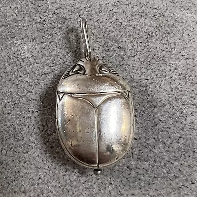 Vintage Artisan Egyptian Scarab Beetle With Hieroglyphs Sterling Silver Pendant • $120