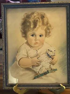 Vintage Baby Toddler W/ Toy Lamb Lithograph Print Maud Tousey Fangel With Frame • $28