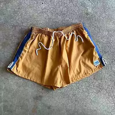 Vintage 70s California Shores Mustard Brown Side Striped Athletic Surf Shorts • $29.99