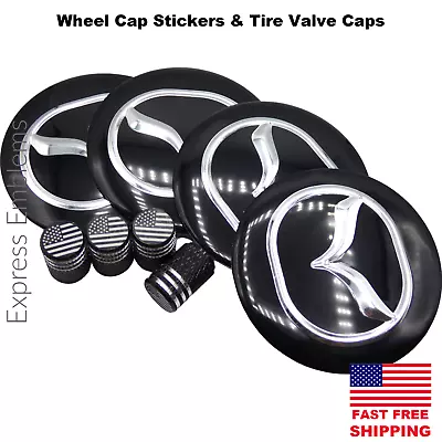 4 Mazda Wheel Cap Hub Sticker Decals 2.2  56mm Black & 4 Tire Valve Stem Caps • $9.88