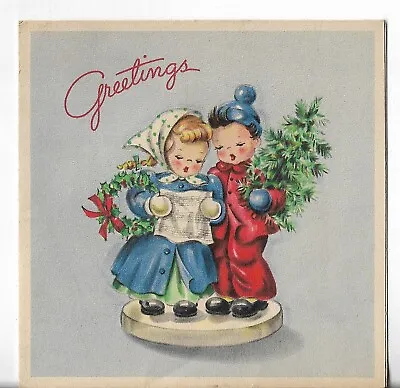 Vtg CHRISTMAS CARD-approx 4.5x4.5 Boy & Girl Singing Carols W/Wreath And Tree • $4.27