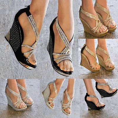£22.99 • Buy Ladies Sparkly Diamante Detail Wedge Heel Platform Peep Toe Strappy Sandals 3-8